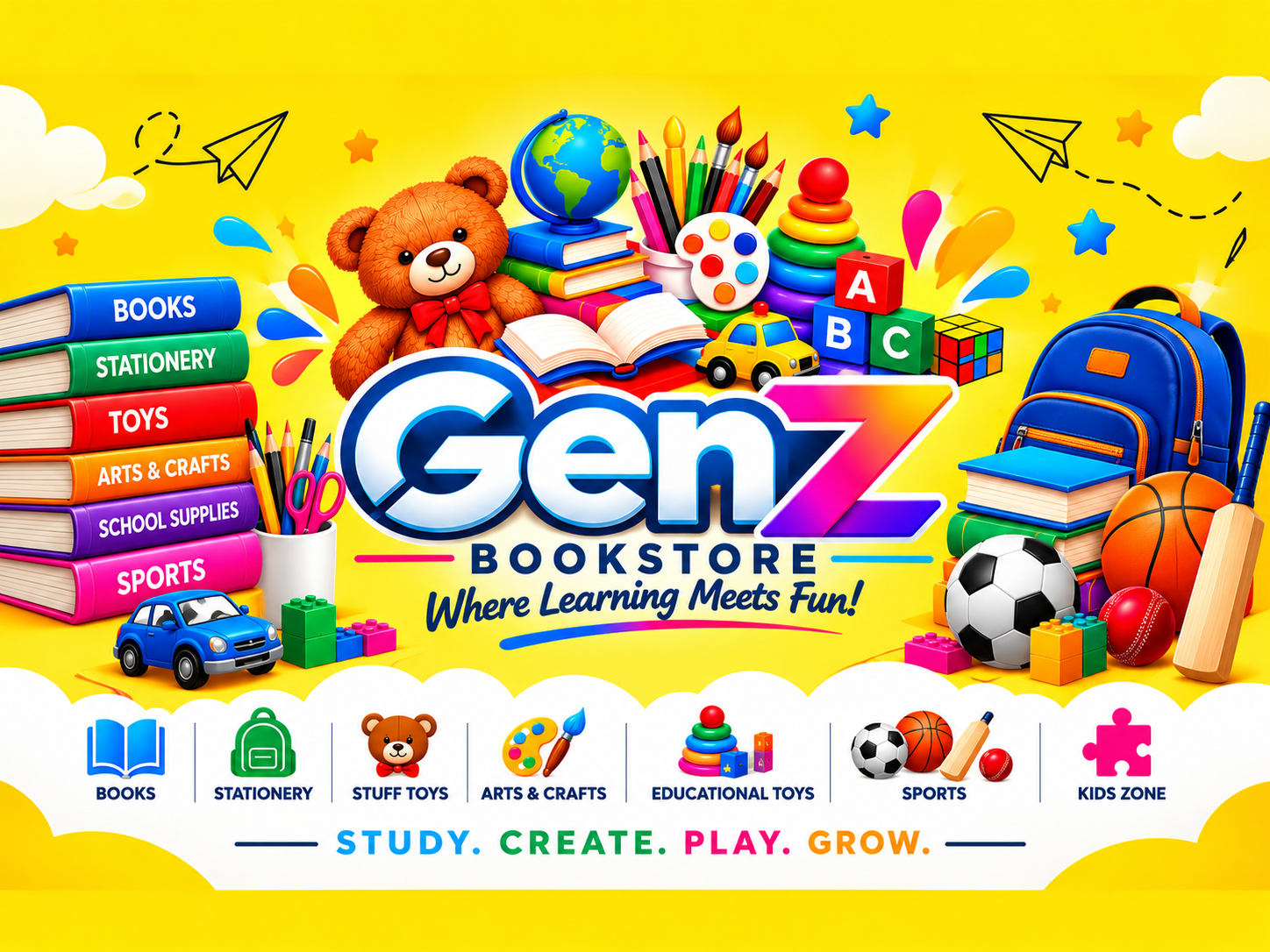 Official GENZ Bookstore colorful yellow brand artwork with books, stationery, toys and sports